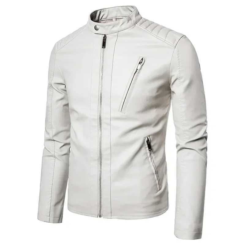 Spring Autumn Trend White Windproof Coat Solid Mens Motorcycle Leather Jacket Stand Collar Jackets Fashion Casual StreetwearT250311