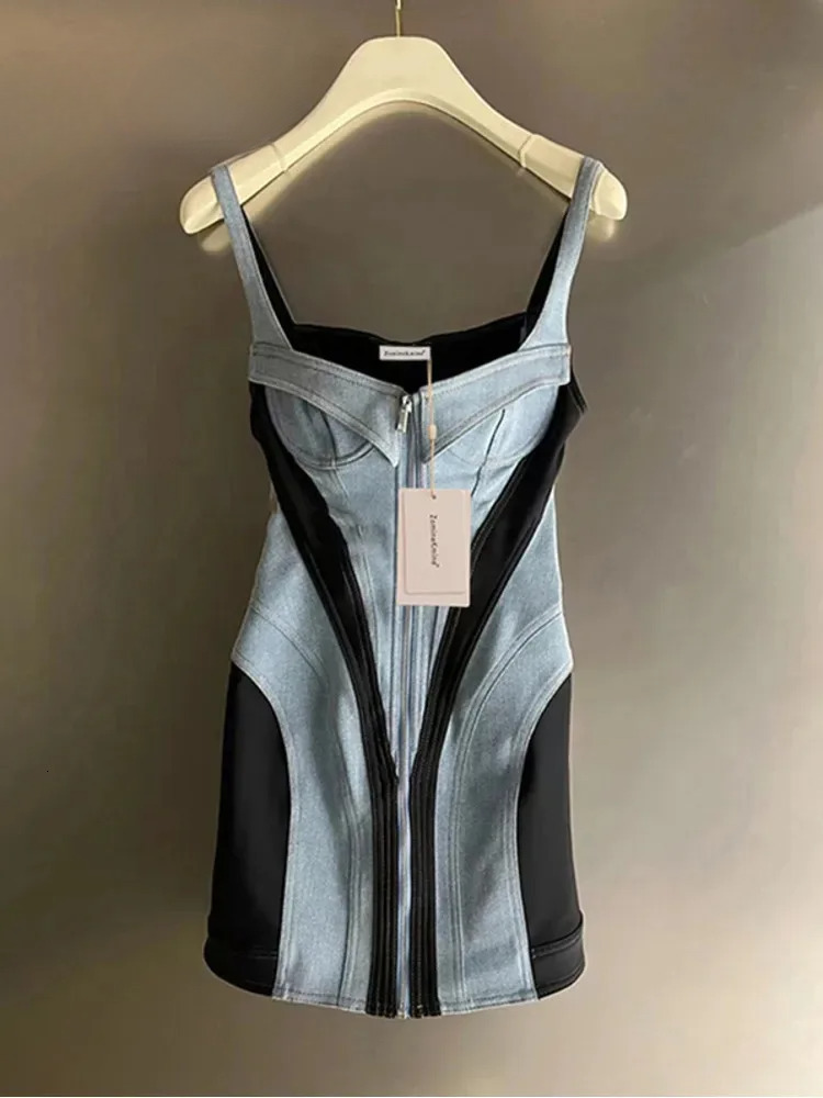 Summer New Sexy Slim Fit Sleeveless Waist Wrapped Short Skirt Design Sense Spliced Denim Strap Dress