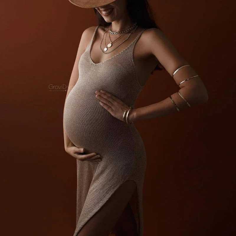 Knitted Maternity Photography Dresses Sling Pregnant Woman Baby Shower Dresses Photo Shoot Robe Clothing Props AccessoriesT250311