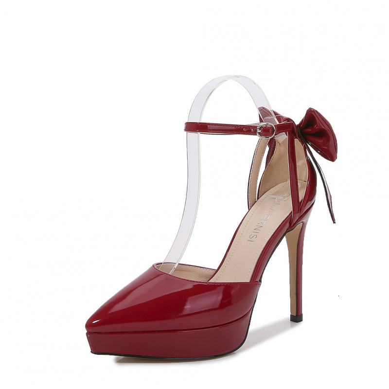 Lacquer leather high heels, shallow single women's wedding shoes, large size, thin heel, bow, straight buckle with pointed toe, girl's hollo