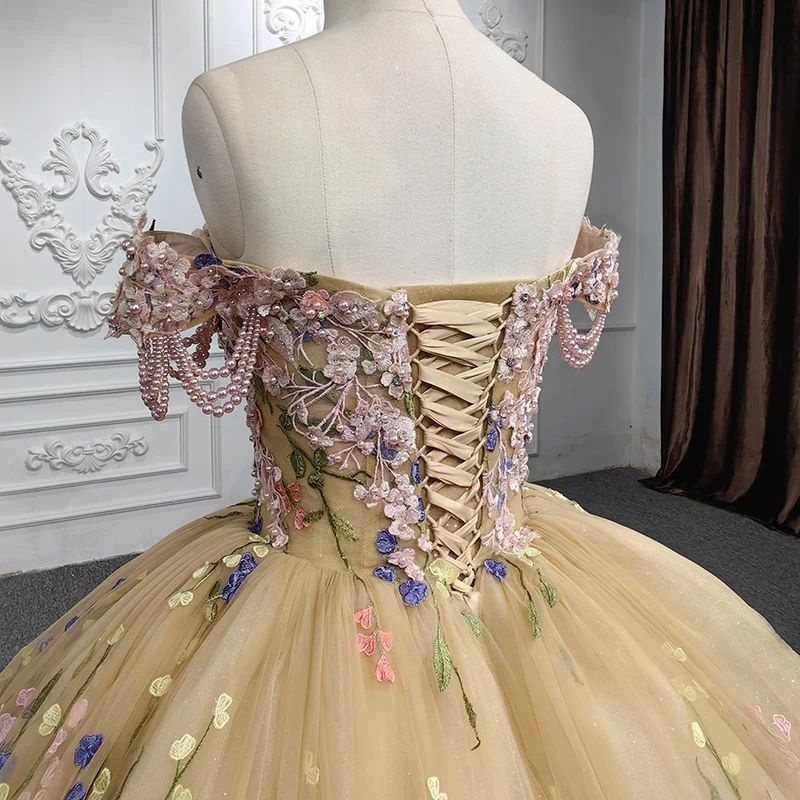 Champagne Princess Ball Gown Quinceanera Dresses Off the Shoulder Color Flower Pearl Tull Lace Up vestidos 15 anos Sweet 16 Dress