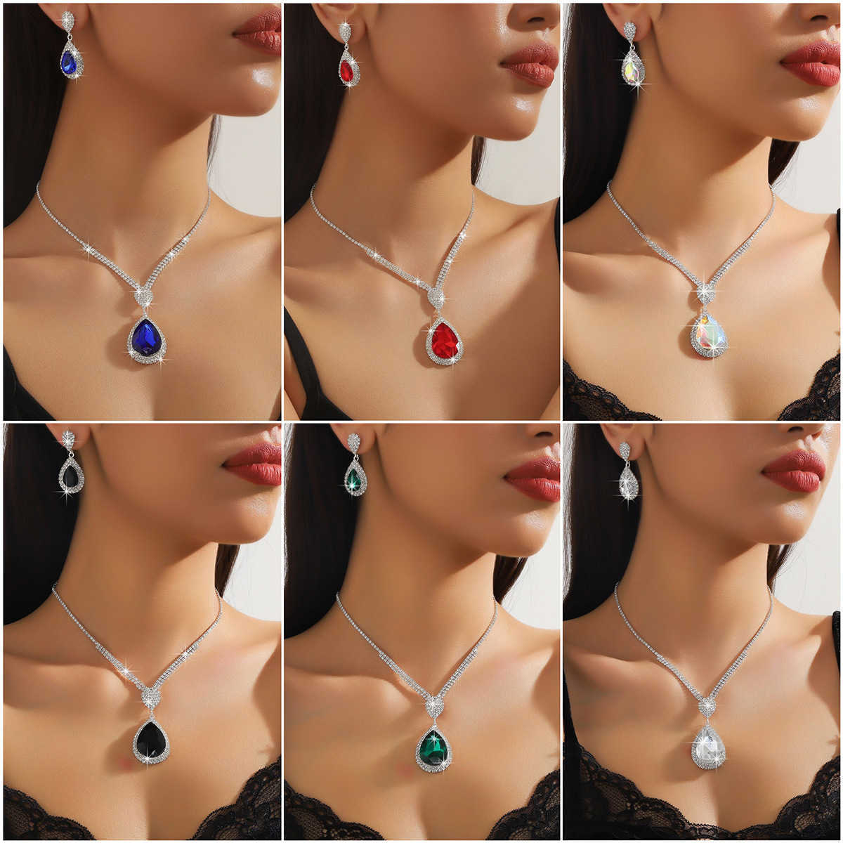 Hot selling Dazzling Color Blue Green Red Water Drop Crystal Necklace Earring Set Jewelry Two Piece Set W250312