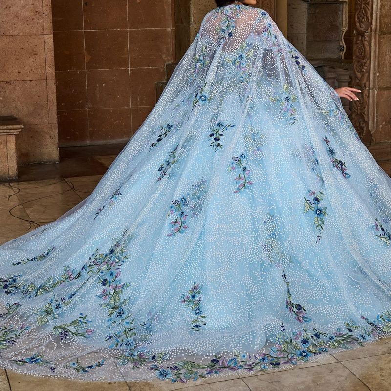 Sky Blue Shiny Quinceanera Dresses Ball Gown With Cape Lace Applique Beading Crystal Tull Corset Sweet 16 Vestido De 15 Anos