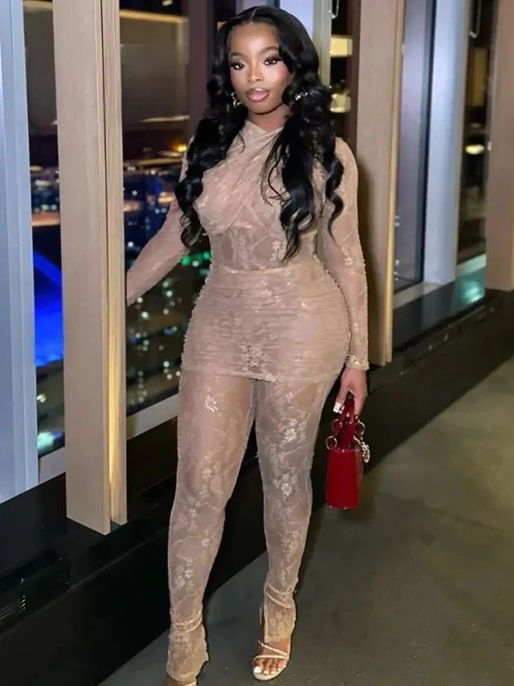 nibber Sexy Midnight 2Piece Set Women Summer Trend Cross Wrap Long Sleeve DressLeggings Hipster Matching Thin Mesh Clubwear 250311