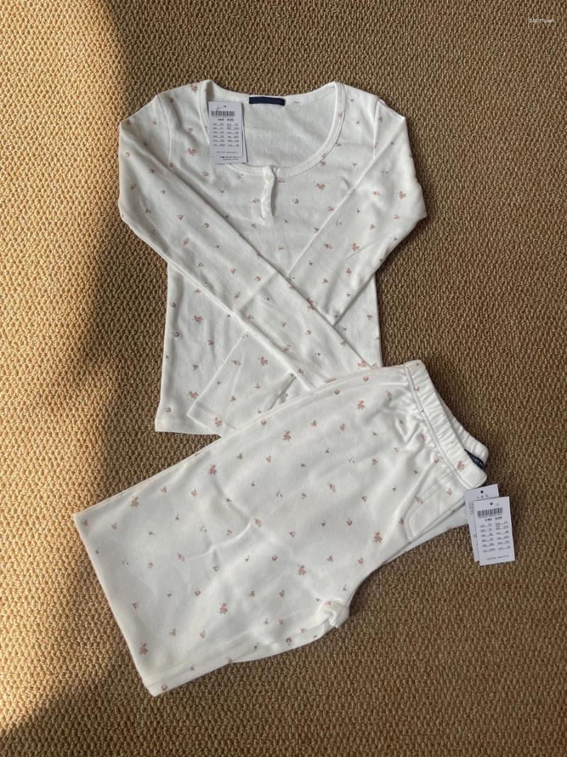 Womens Tracksuits Red Floral Eyelet T-shirt Pant Pajama Set Woman Buttons Long Sleeve Tee Elastic Waist Straight Trousers Cotton Home 2
