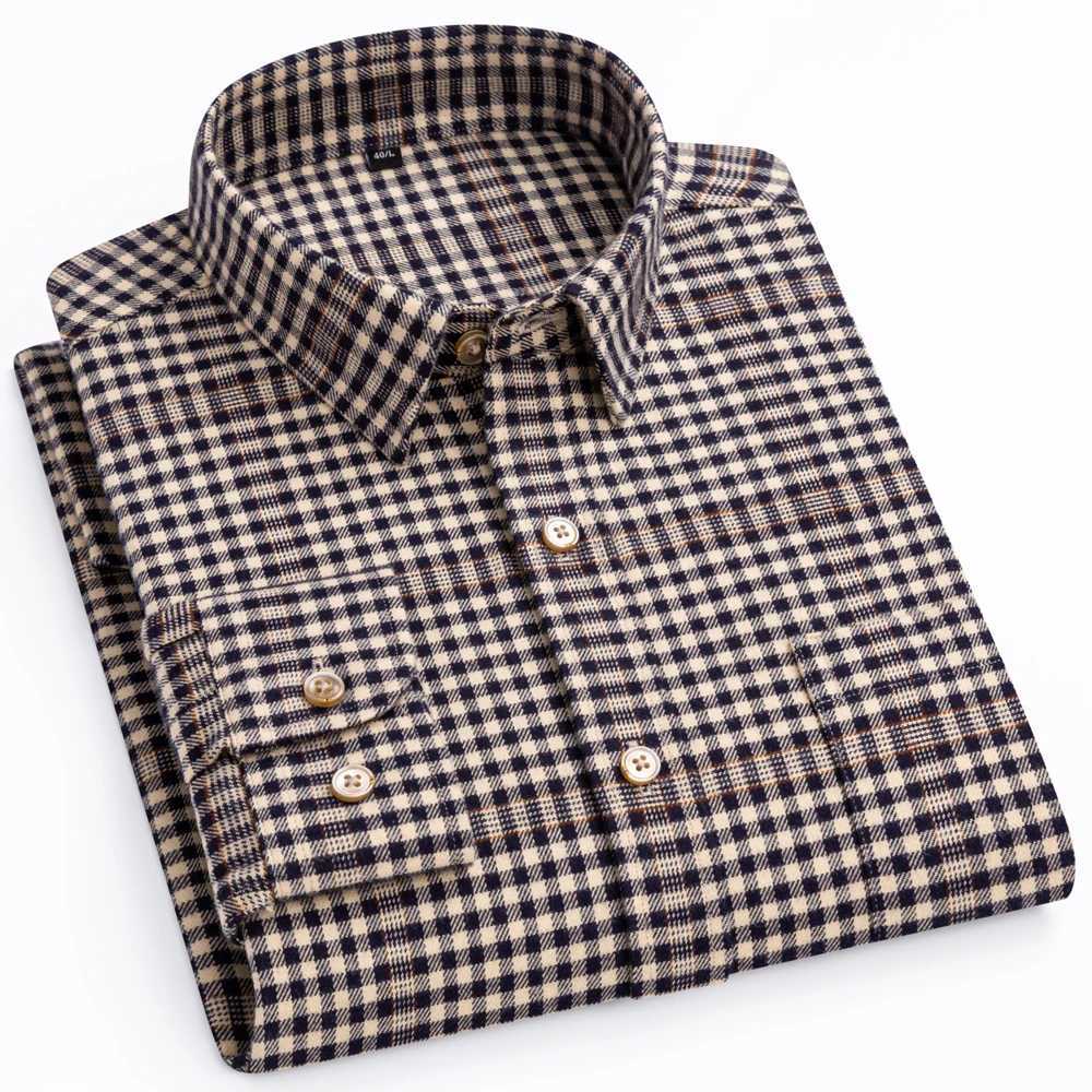 Mens flannel long sleeved high-quality cotton shirt British style casual standard fit plain weave thick soft brushed shirt W250312