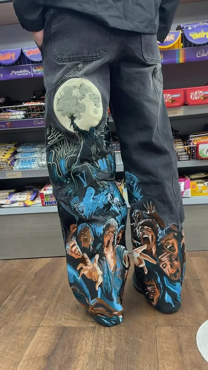 Y2k Thriller Pattern Hip Hop Embroidery Baggy Jeans Women Gothic Streetwear Straight Patchwork Black Retro Denim Men Clothes 250310