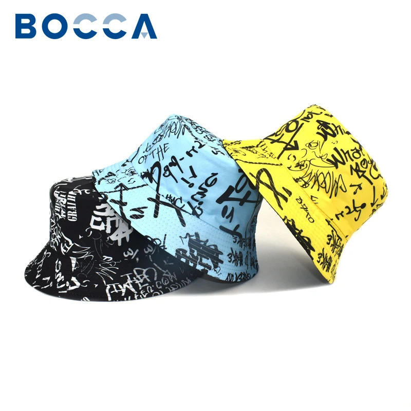 Bocca Letter Graffiti Bucket Hat Double Sides Reversible Panama Fisherman Hats Men Women Outdoor Sun Cap Fashion 2023 Style 250304