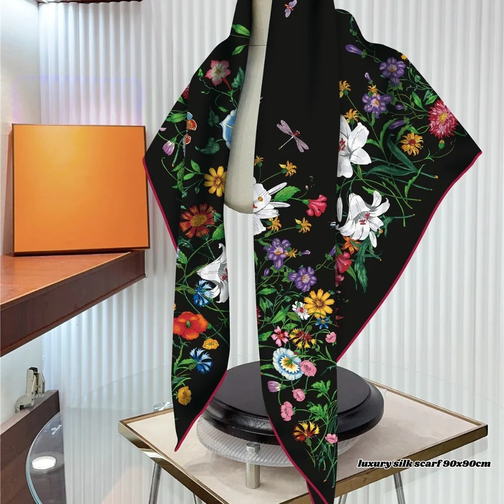 Year Gift French Plant Flower Tulip High Quality Twill Silk Women Shawl Sun Protection Large Square Scarf Decorative Scarf 250310