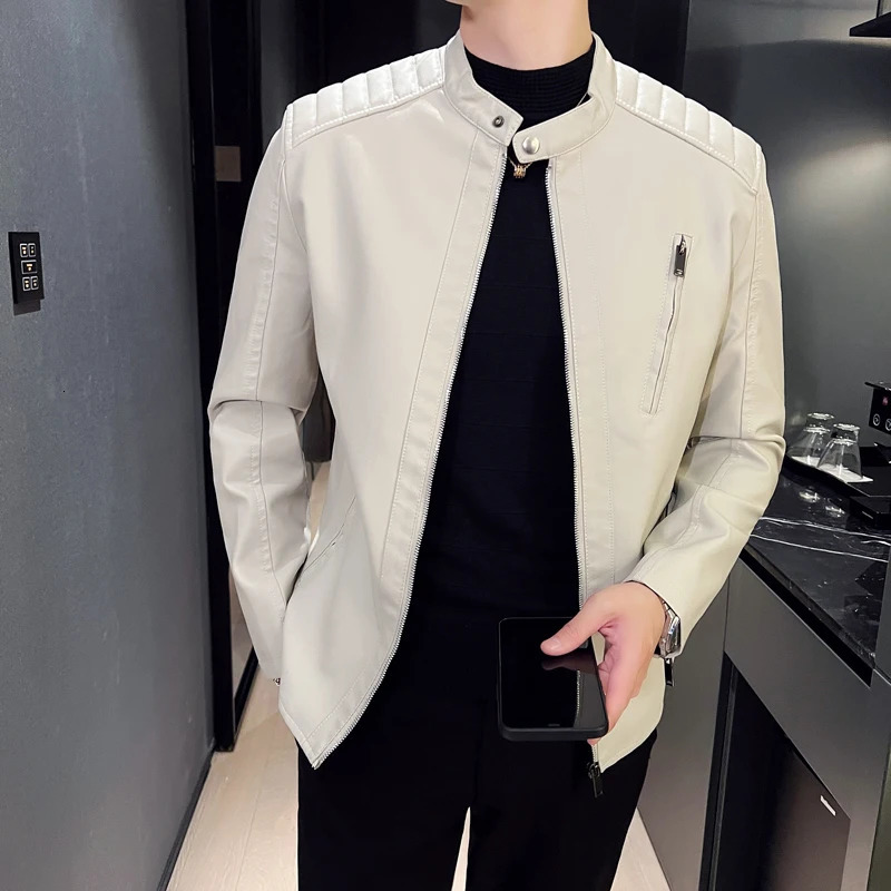 Mens white leather jacket fashion trend simple personality mens autumn spring PU winter slim fit windproof 250312