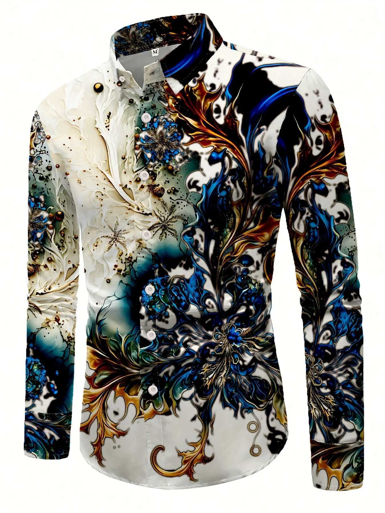 Mens Geometric Pattern Casual Button Shirt - Polyester Blended Collar Non Stretching Fabric Long Sleeve Shirt W250312