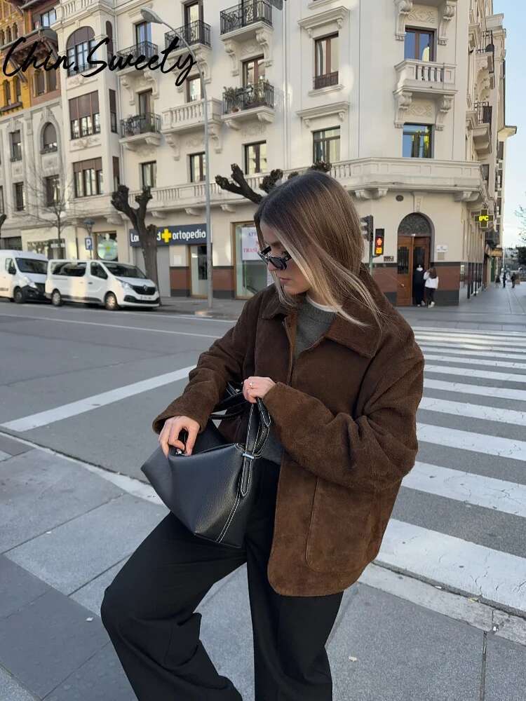 Casual Suede Brown Women Jacket Vintage Lapel Button Long Sleeve Pocket Female Coat 2025 Spring Autumn Lady Urban Streetwear