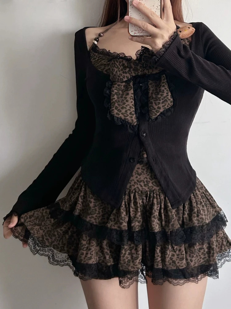 Spring Coolgirl Leopard Print 2piece womens bow lace slim fit top mini patch work cake leather Japanese fashion Y2K retro set 250312