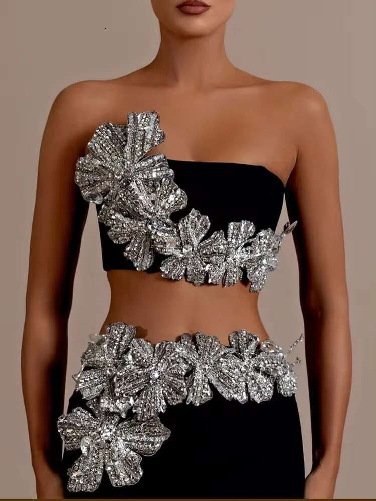 Women's Strapless Wer Dias Crystal Black Maxi Long Bandage Skirt Set 2024 Knitted Elegant Evening Club Party Clothing