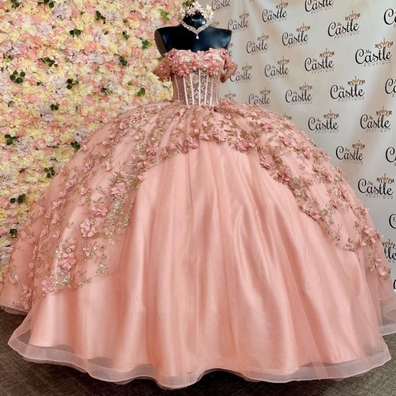 Pink Shiny Quinceanera Dresses Sweep 16 Dress Train Off Shoulder Gold Sequin Applique Lace Flower Beads Tull Formal Party Dress vestidos 15 de anos
