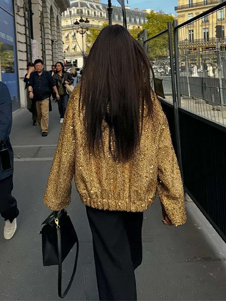 Fashion Gold Sequins Bomber Jacket For Women 2024 Chic Stand Collar Long Sleeve Coat Female Winter Autumn Lady Street Outerwear