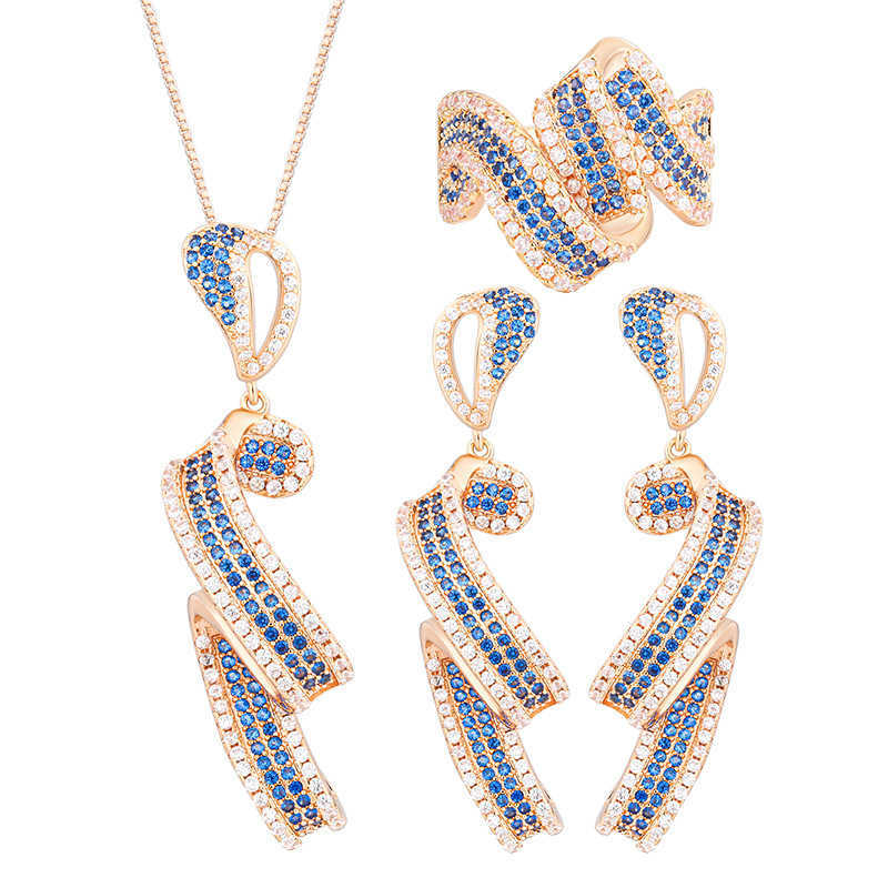 2025 New Zhuangsheng Copper Bottom Gold Plated Simulated Blue Sharp Crystal Design Rose Gold Set W250312