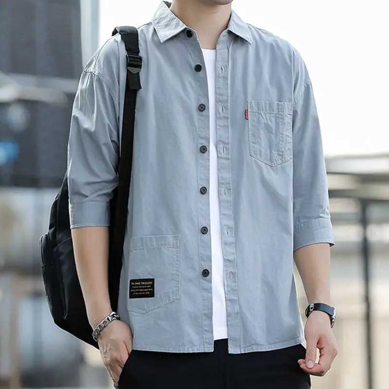 Business Casual Fashion Shirts Turn-down Collar Loose Handsome Three Quarter Sleeve Man Button Solid Pockets Mens Clothing 2023 W250312