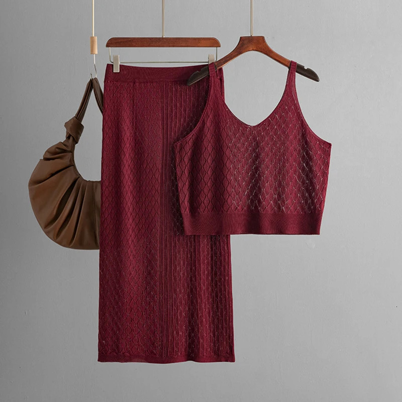 Heliar Summer Fashion Womens Two Piece Hollow Suspension Knitted TopCasual Skiing Set y2k 250312