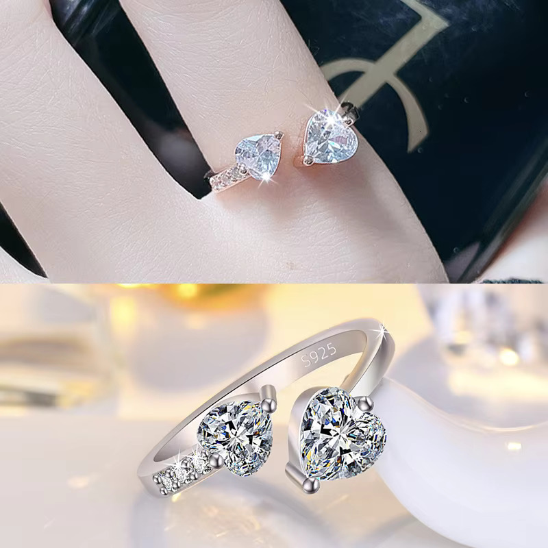 Women Mirco Pave Moissanite Diamond Ring Adjustable Silver Gold Plated Double Heart Cubic Zirconia Wedding Engagement Ring