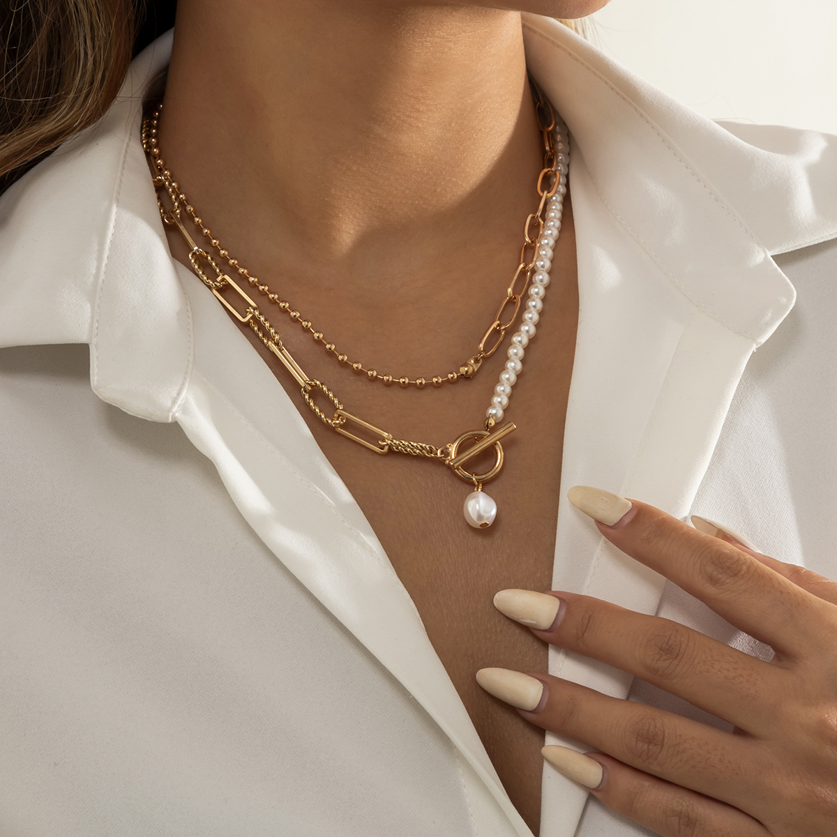 High-grade Imitation Pearl OT Buckle Fringe Necklace With Cross Ring Overlapping With Beaded Jewelry for Women