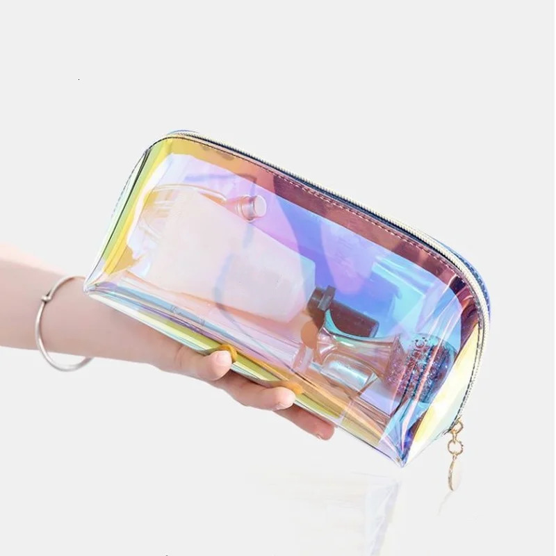 PVC Waterproof Transparent Cosmetic Bag Toiletry Makeup Bag Organizer Female Girls Laser Color Zipper Wash Make Up Beauty Case 250305
