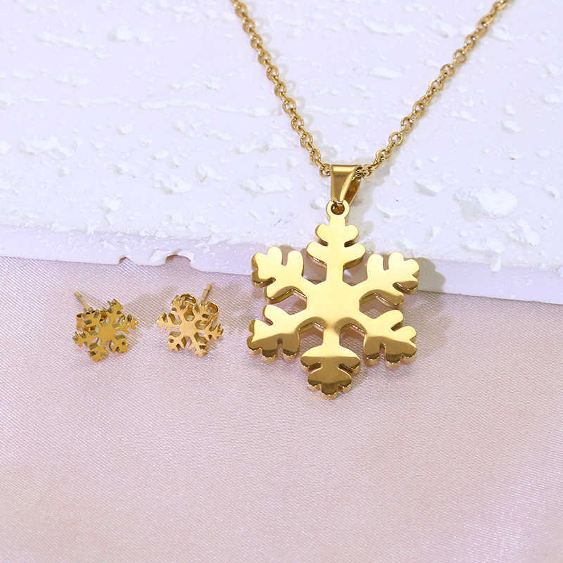 Titanium steel necklace pendant earring set snowflake shaped Christmas ornament stainless steel gift W250312
