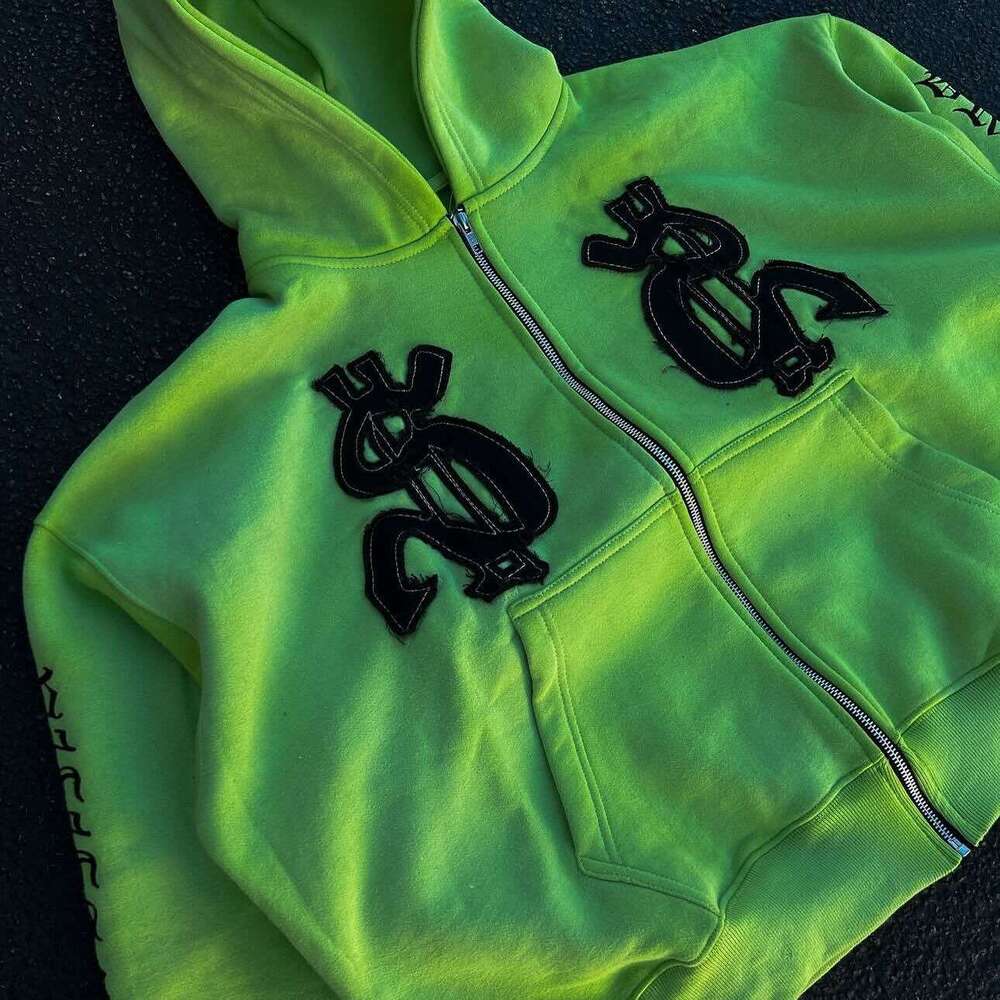American casual hip-hop zipper jacket, street printed hoodie, personalized fashion trend, green