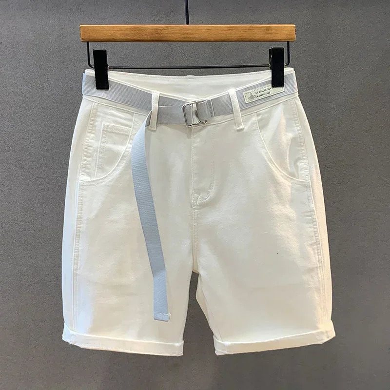 White shorts mens fashionable streetwear knee length Bermuda cotton fiber jeans 250312