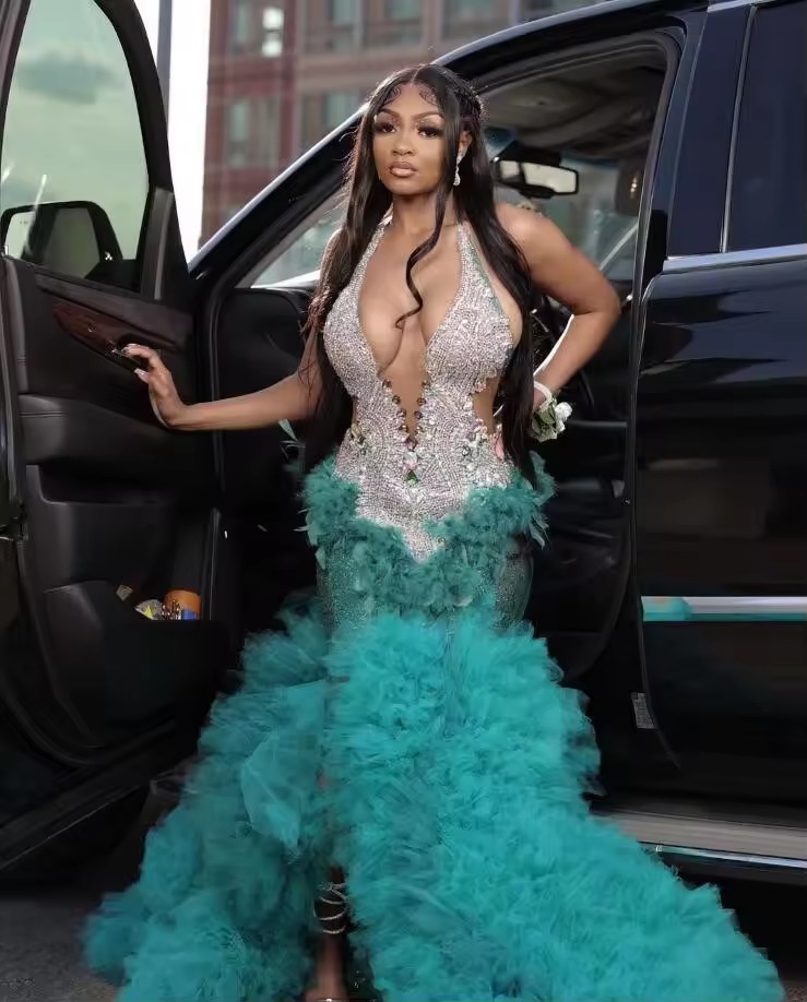 Customsized Turquoise Mermaid Prom Long Dress Sier Dia Crystal Ruffles Skirt Black Girl Birthday Evening Gown vestidos de gala