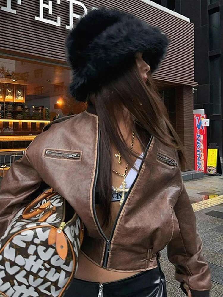 Vintage Made Old Leather Jacket Classic Wipe Color Motorcycle Jackets Women Denim Short Coat French Fashion Overcoat Top