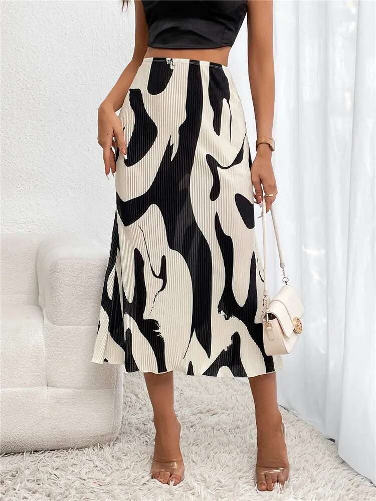 Dr Casual Graphic Print Pleated Long Skirts Women Autumn Fashion Elastic High Waist Geometry Midi Skirt Streetwear 2023