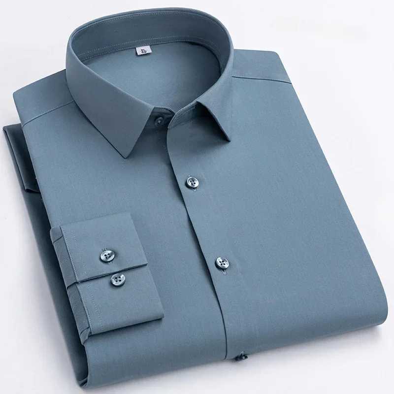 High quality Bamboo Fiber long sleeve shirts for men slim fit formal shirt solid elastic business office single pocket clothes W250312
