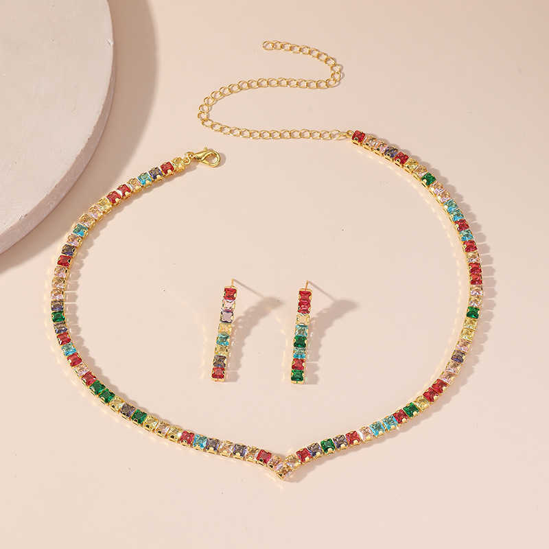 Jewelry Full Diamond Zircon Necklace Earring Set Chain Wedding Dress Jewelry Simple Set W250312