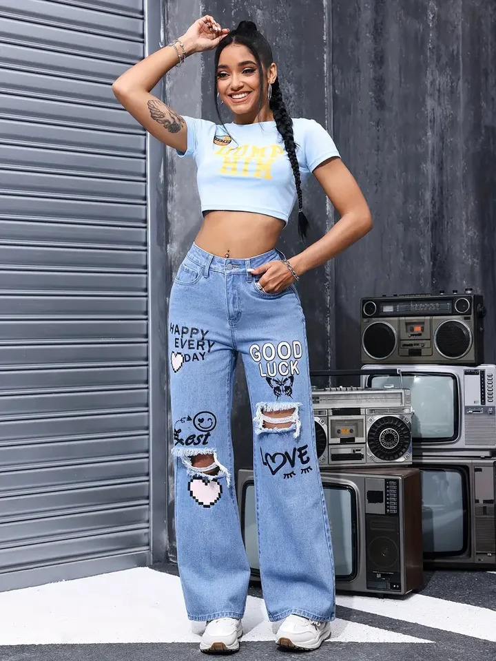 Womens High Waist Button Up Print Jeans Fashion Casual Straight Pants for Women Spring Summer Chic Ripped 250311