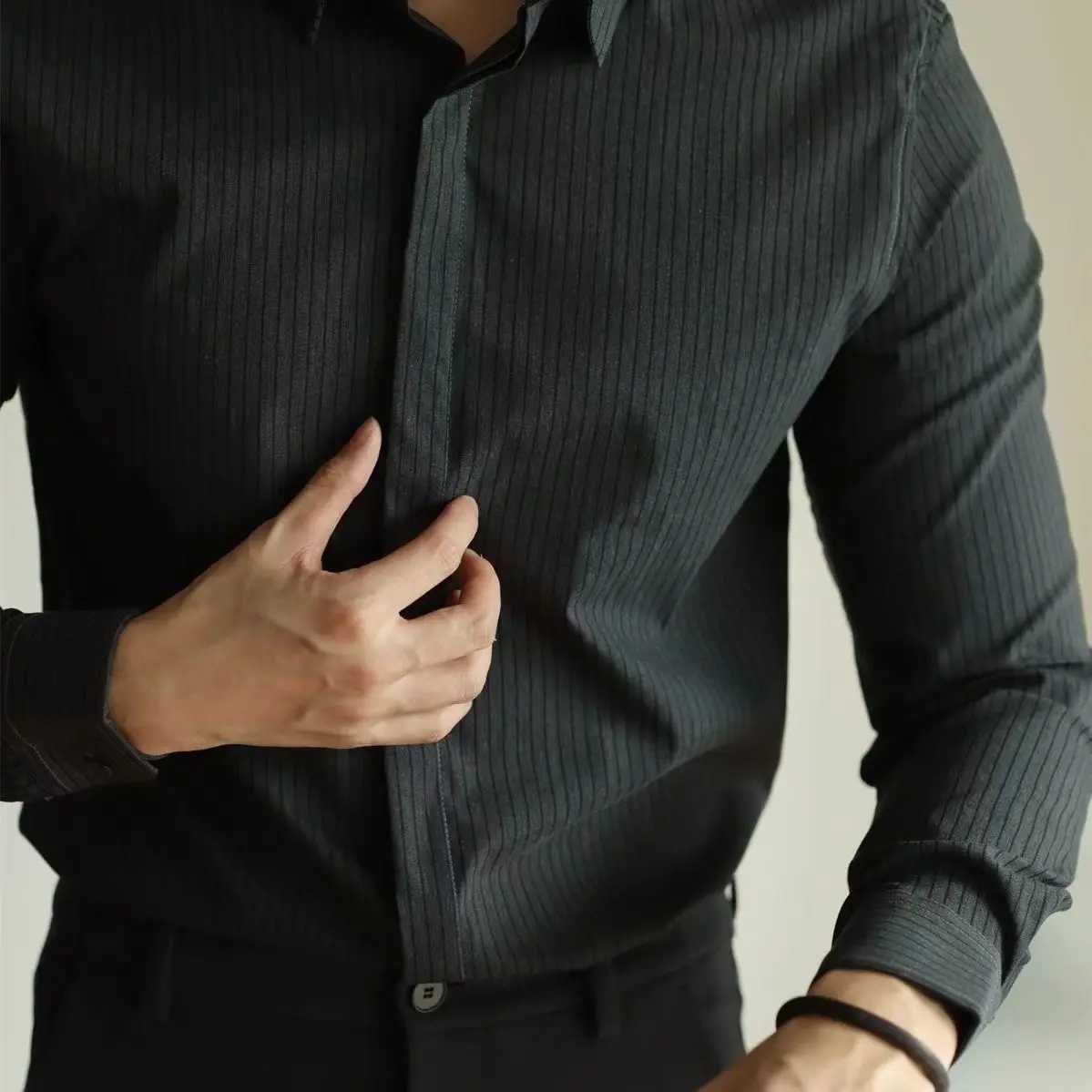 High End Mens Striped Long Sleeved Shirt with Micro Elasticity Formal Wear Casual Business Top W250312