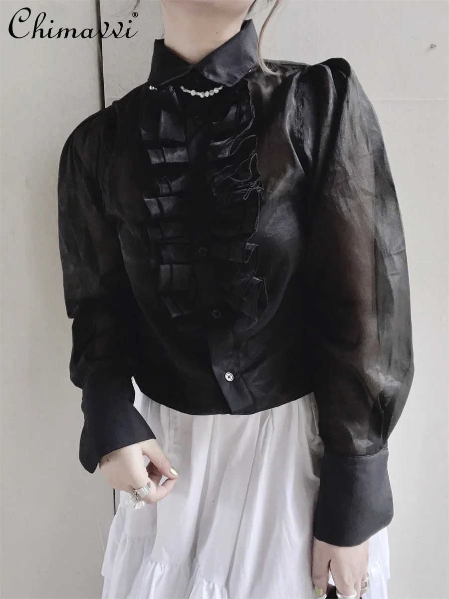 Japanese Sweet Cute Transparent Shirt Fashion Long-sleeved Loose Fungus Lace Romantic Blouse Temperament Top Camisas 250310