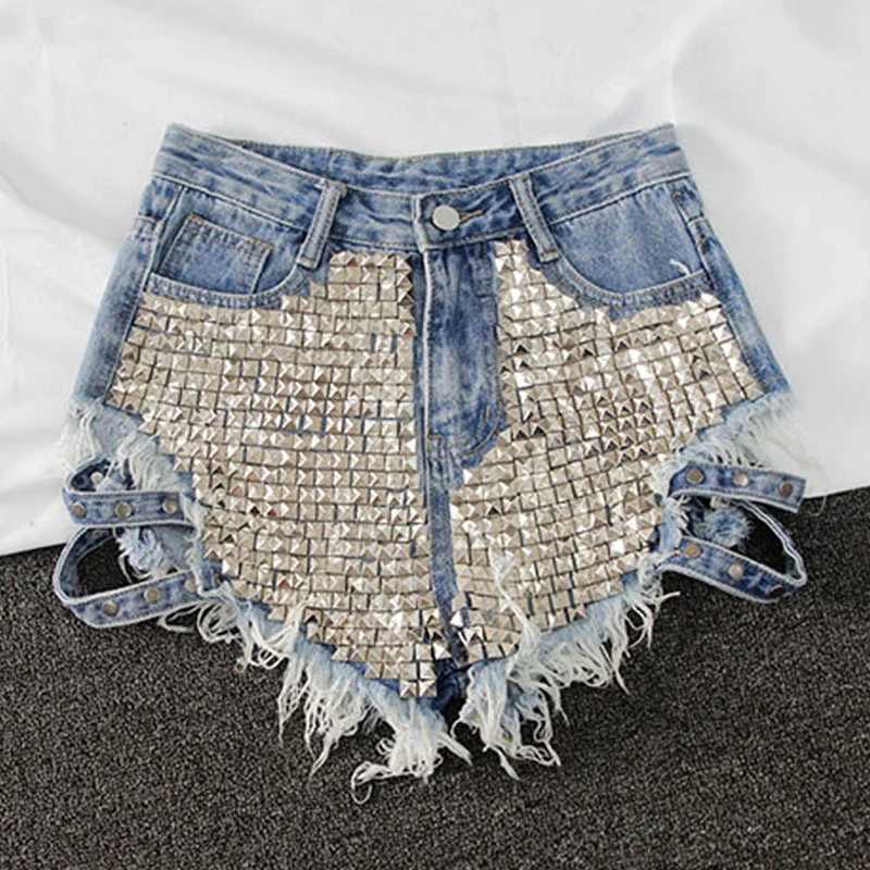 Punk Rivet Denim Shorts 2022 Summer Spring Womens High Waist Loose Tassel Denim Shorts Black/Blue/White Perforated Shorts KZ388 X250312