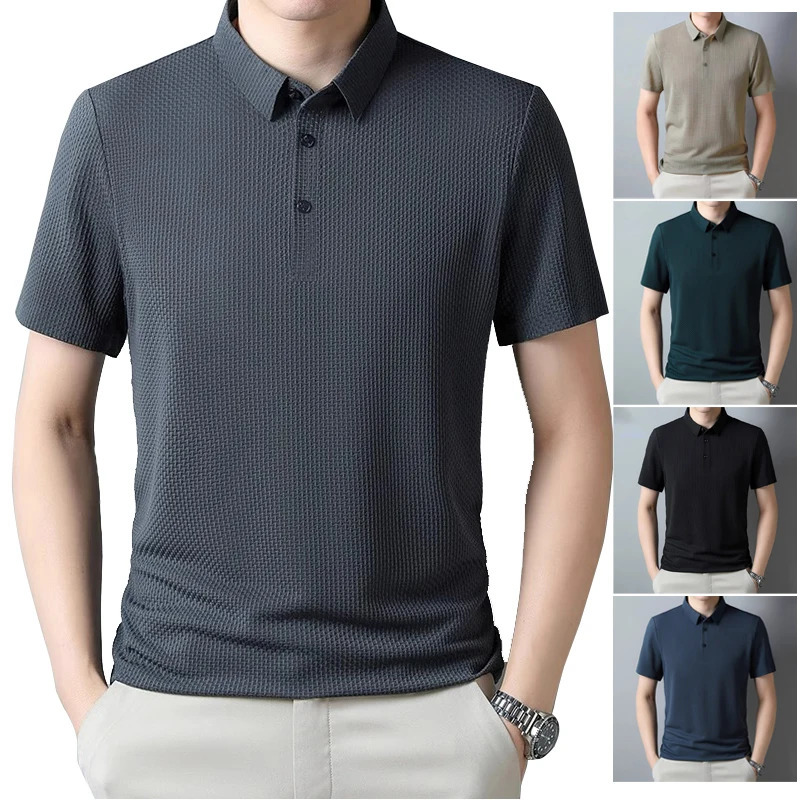 Mens thin polo shirt business casual Tshirt hollow cool breathable summer gray navy bluegreen mens 250312