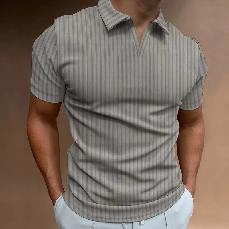 Summer Solid Color Polo Shirt Vneck Striped High Elasticity Thin Short Sleeve Mens Tshirt 250312
