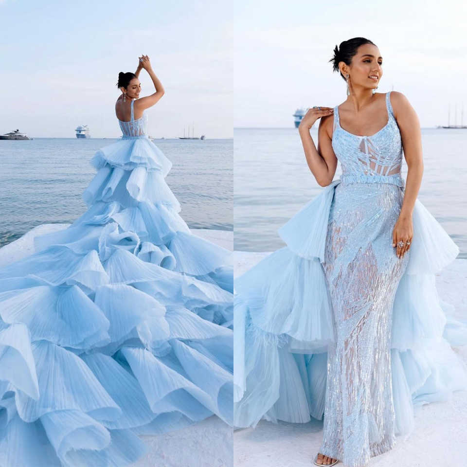 Fashion Mermaid Evening Dresses For Women Spaghetti Strap Sleeveless Gown Sequins Appliques Detachable Train Party Customized Dress