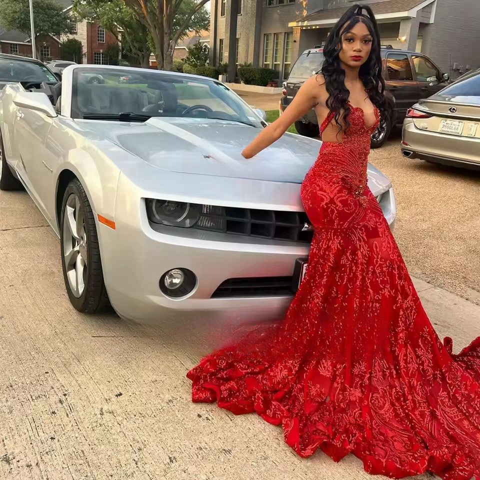 Customized Red Lace Mermaid Prom Dresses 2025 Sparkly Sequins Crystals Black Girls Evening Party Formal vestidos de gala