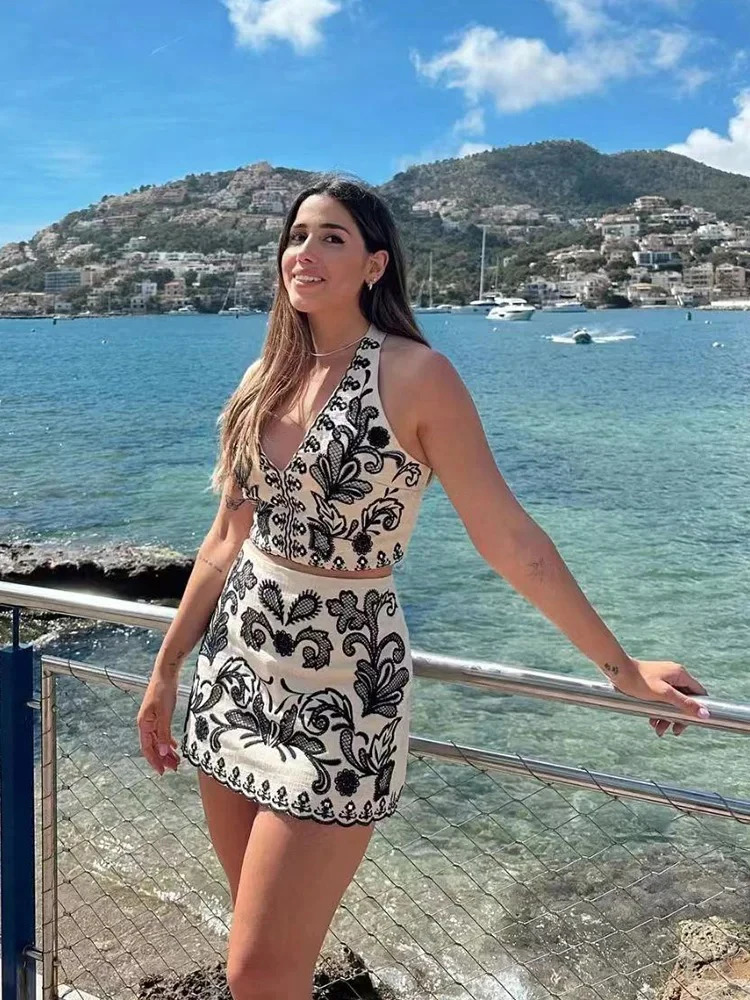 ZABA Womens Summer Beach ed Collar Pendant Sleeveless Vneck Backless Tank Top High Waist Mini Fur Set Two Piece 250312