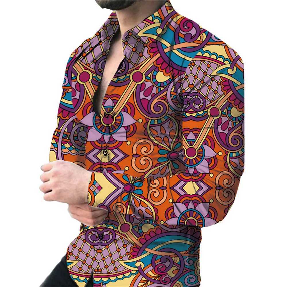 2024 Spring Mens Shirt Fashion Retro Street 3D Printed Mens Long Sleeve Flower Shirt Top Flip Tie Button W250312