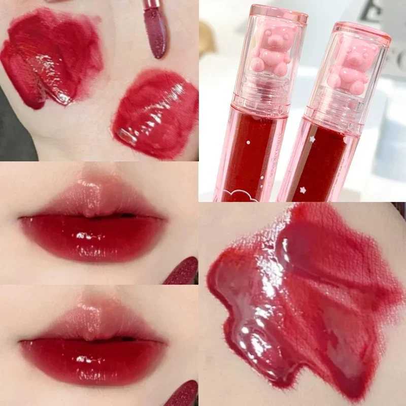 Crystal gloss lipstick cute bear durable color non sticky cup moisturizing lipstick mirror water liquid lipstick makeup W250312