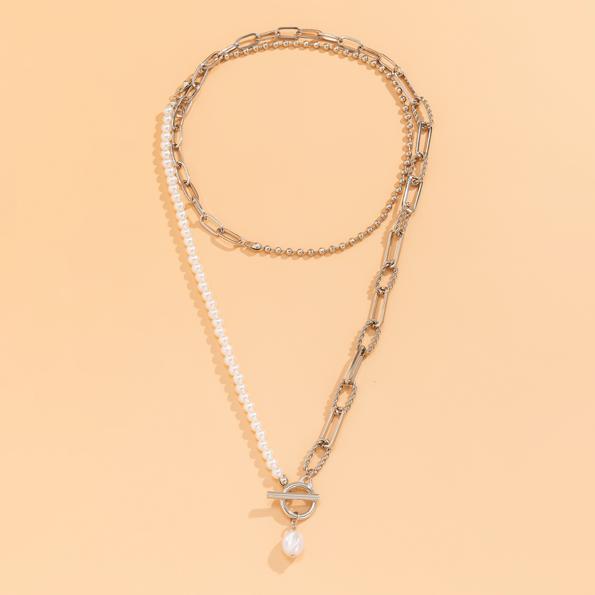 High-grade Imitation Pearl OT Buckle Fringe Necklace With Cross Ring Overlapping With Beaded Jewelry for Women