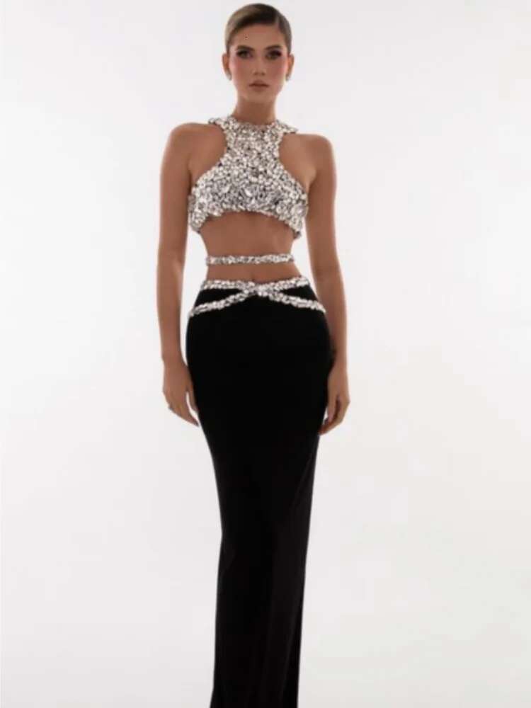 Sparkly Crystal Tops 2 Pieces Bodycon Long Dress Women Sexy Off The Shoulder Nightclub Party Performance Costume