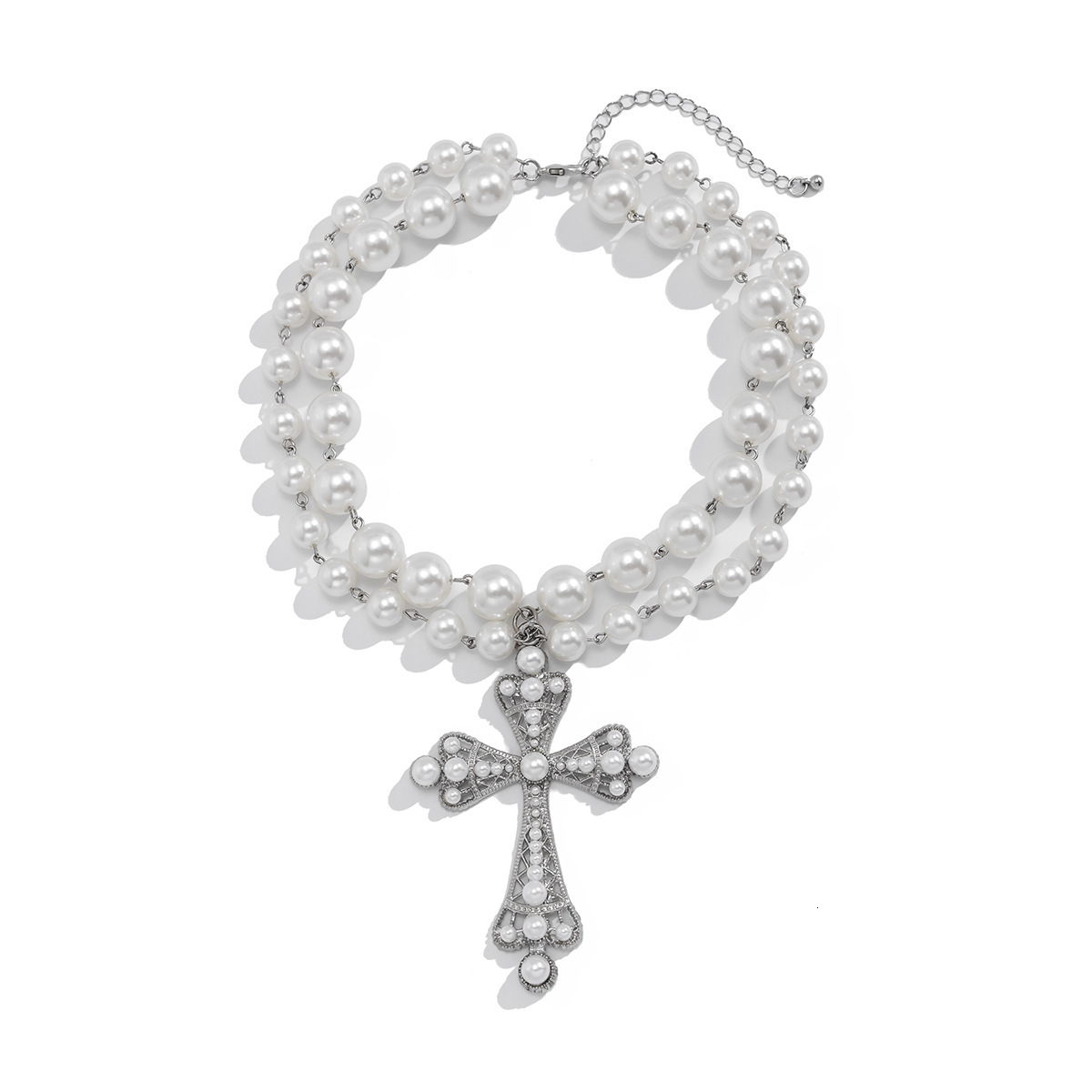 Punk Cross Necklace Exaggerated Temperament Micro-pearl Multi-layered Wear Jewelry for Women