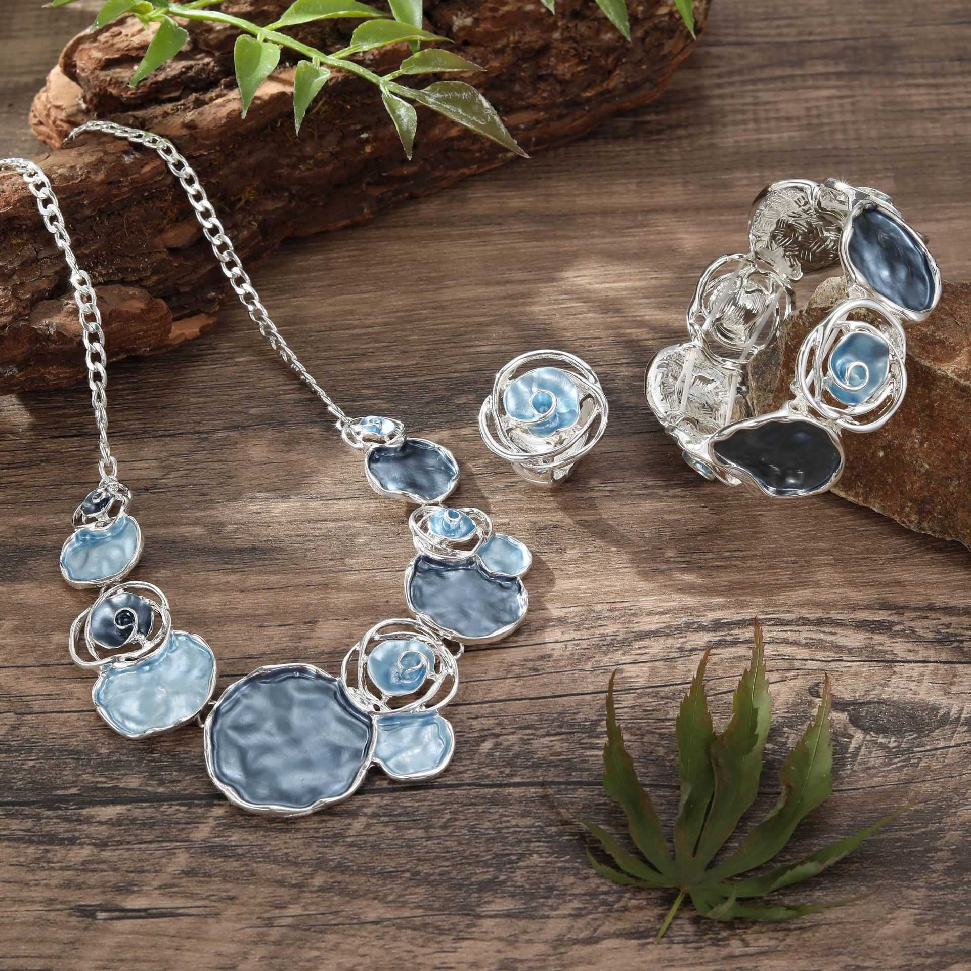 Colored oil painting rose ring bracelet necklace set for womens banquet high-end decoration set W250312