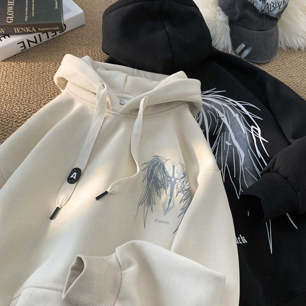 Night Light Hooded Sweatshirt for Men Autumn and Winter with Thick Velvet Loose Fit Teenagers American Couple Jacket